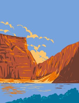 WPA poster art of Bighorn Canyon National Recreation Area with Bighorn Lake between the border of Wyoming and Montana, Wyoming, United States of America USA done in works project administration style.
