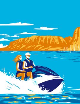 WPA poster art of Cedar Bluff State Park with couple riding jet ski in Cedar Bluff Reservoir in Trego County, Kansas, United States in works project administration style or federal art project style.
