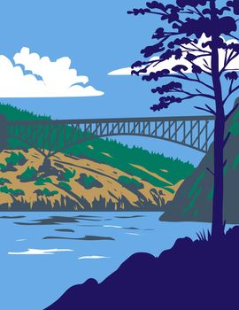 Retro WPA illustration of Deception Pass State Park with Whidbey Island and Fidalgo Island, in Washington State. USA done in works project administration or federal art project style.