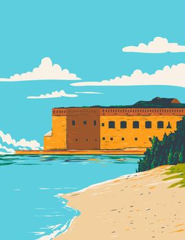 WPA poster art of Dry Tortugas National Park with Fort Jefferson in Monroe County west of Key West in the Gulf of Mexico Florida USA in works project administration style or federal art project style.
