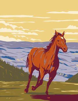 WPA poster art of mustang galloping in Pryor Mountain Wild Horse Range located in Carbon and Big Horn counties of Montana, United States of America USA done in works project administration style.
