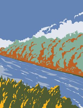 WPA poster art of a river creek or stream with trees on each bank  done in works project administration or federal art project style.