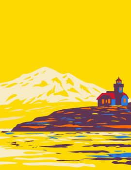 Retro WPA illustration of the San Juan Islands archipelago in Pacific Northwest between Washington state and Vancouver Island, Canada done in works project administration or federal art project style.