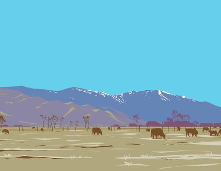 WPA poster art of Monument Peak and East Peak with dairy farm viewed from Gardnerville in Douglas County, Nevada, United States USA done in works project administration style.