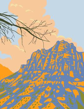 WPA poster art of Zion Canyon and Navajo sandstone mountains in Zion National Park along the Zion Park Blvd  in Springdale, Utah, United States done in works project administration style.