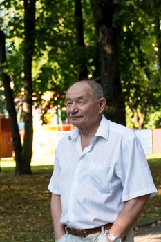 An elderly man walks alone in the park in the summer. Portrait of an old man who is alone in the park among the trees..