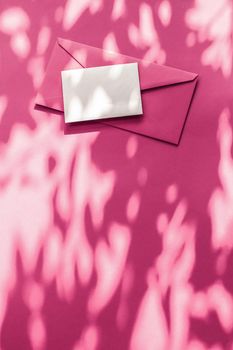 Holiday marketing, business kit and email newsletter concept - Beauty brand identity as flatlay mockup design, business card and letter for online luxury branding on pink shadow background