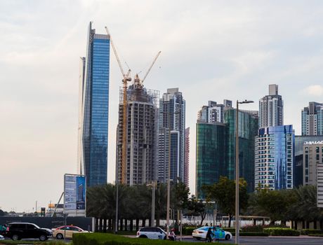 Dubai, UAE - 02.18.2021 Business Bay district, evening traffic
