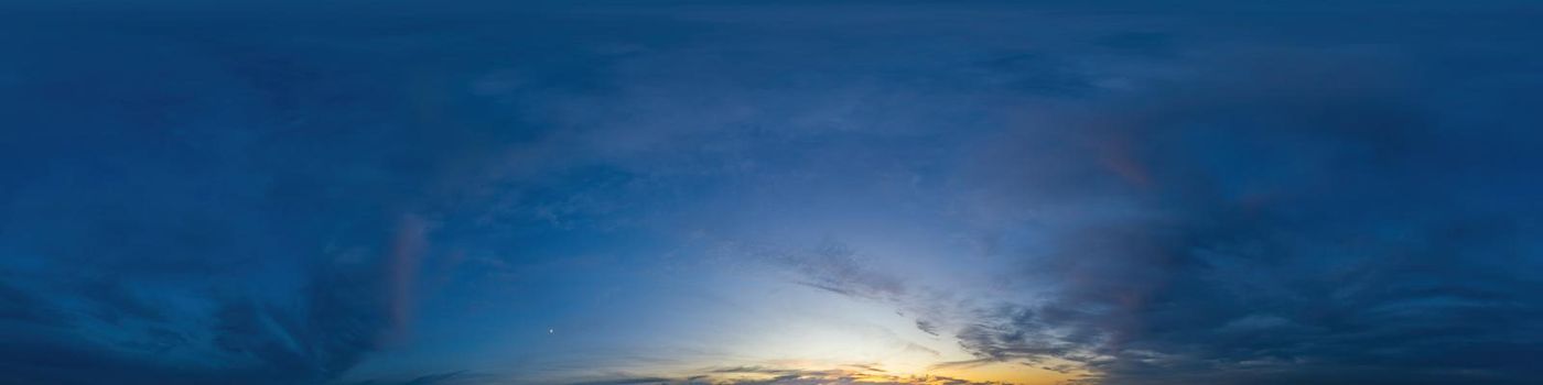 Dark blue twilight sky panorama with Cumulus clouds. Seamless hdr 360 panorama in spherical equiangular format. Full zenith or sky dome for 3D visualization, sky replacement for aerial drone panoramas