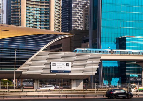 Dubai, UAE - 08.16.2021 - Sheikh Zayed road, Dubai Mall metro station, downtown