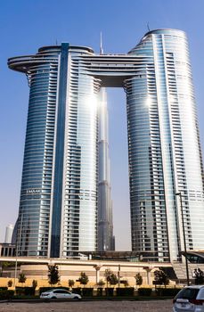 Dubai, UAE - 08.16.2021 - Burj Khalifa and Address Sky View hotel