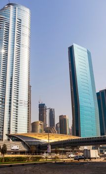 Dubai, UAE - 08.16.2021 - Sheikh Zayed road, Dubai Mall metro station, downtown