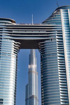 Dubai, UAE - 08.16.2021 - Burj Khalifa and Address Sky View hotel