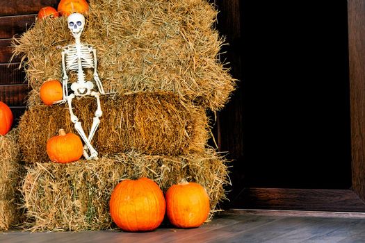 the night of October 31, the eve of All Saints' Day, commonly celebrated by children who dress in costume and go door asking for candy. Pumpkins, halloween skeleton on a hay and black space for text