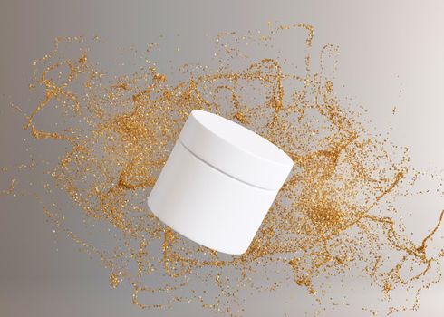 White and blank, unbranded cosmetic cream jar with flying small golden glitter, particles. Skin care product presentation. Luxury mock up. Skincare, beauty and spa. Jar with copy space. 3D rendering