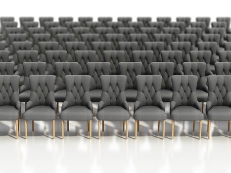 Rows of gray fabric chairs with wooden legs. 3D illustration.