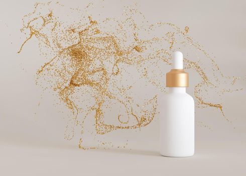 Blank, unbranded cosmetic serum bottle with flying small golden glitter, particles. Skin care product presentation. Mock up. Dropper bottle, hyaluronic acid, oil, serum with copy space. 3D rendering