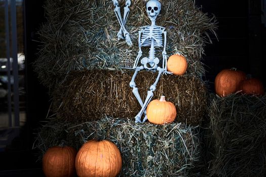 .the night of October 31, the eve of All Saints' Day, commonly celebrated by children who dress in costume and go door asking for candy Orange pumpkins, white halloween skeleton on a gray hay