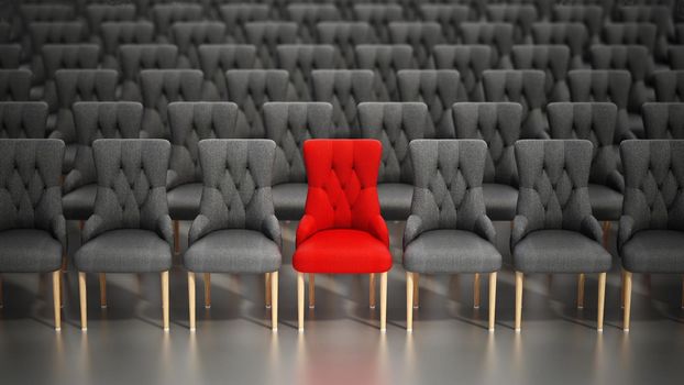 Red chair stands out among rows of gray fabric chairs. 3D illustration.