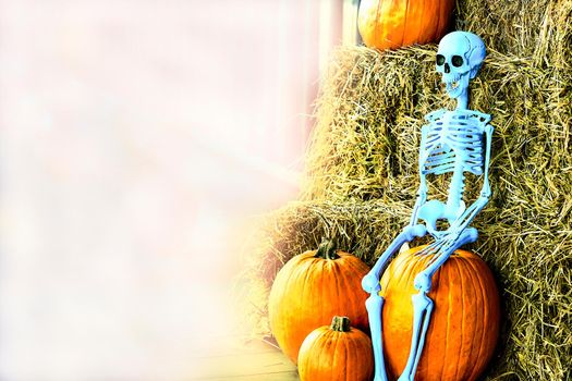 the night of October 31, the eve of All Saints' Day, commonly celebrated by children who dress in costume and go door asking for candy. Blue halloween skeleton on a hay, pumpkins and space for text