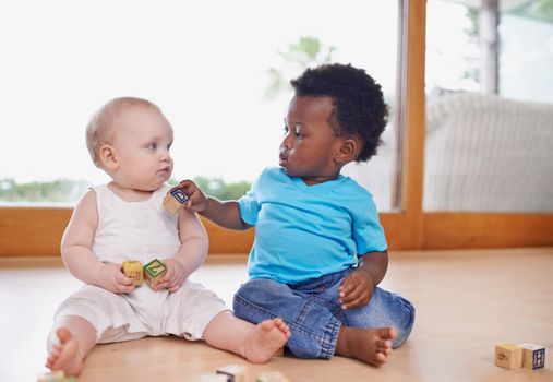 Learning and growing together. A shot of two adorable babies playing with building blocks