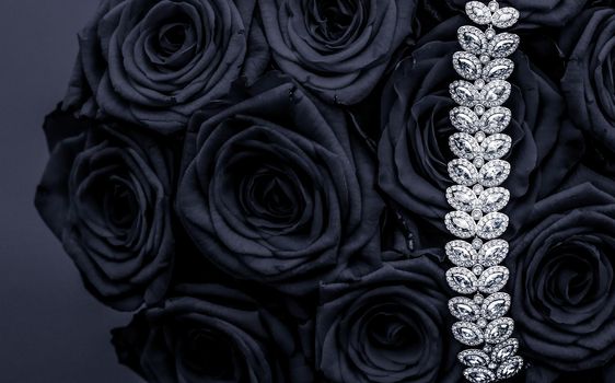 Luxe branding, glamour fashion and boutique shopping concept - Luxury diamond jewelry bracelet and black roses flowers, love gift on Valentines Day and jewellery brand holiday background design