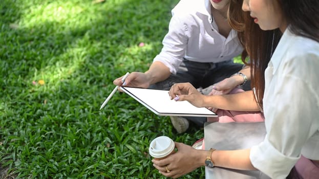 Two young business people working with digital tablet together in the park.