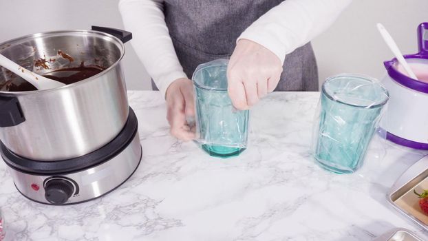 Step by step. Melting chocolate chips in chocolate melting pots.
