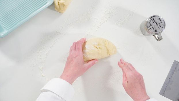 Flat lay. Baking homemade dinner rolls with sourdough starter