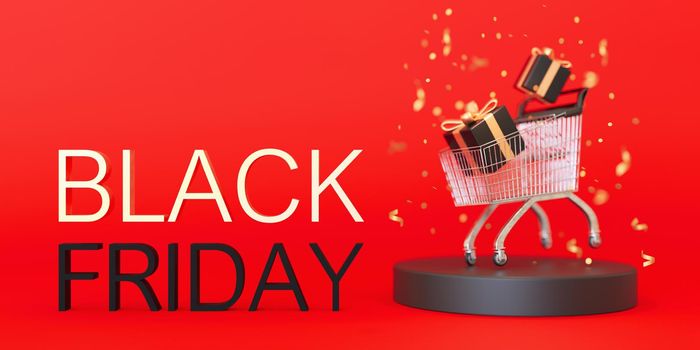 Banner with BLACK FRIDAY text, presents and shopping trolley. Golden and black letters on red background. Special offer, good price, deal, shopping time. Black friday sale. Discount. 3d rendering