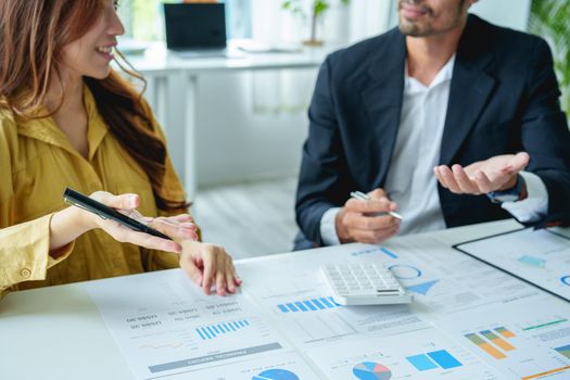 Portrait of a female business owner and partner company meeting to collaborate to invest in imported goods, plan to increase marketing profits using budget documents and working calculator.