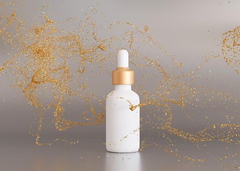 Blank, unbranded cosmetic serum bottle with flying small golden glitter, particles. Skin care product presentation. Mock up. Dropper bottle, hyaluronic acid, oil, serum with copy space. 3D rendering