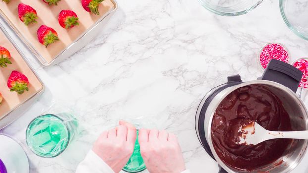 Flat lay. Step by step. Melting chocolate chips in chocolate melting pots.