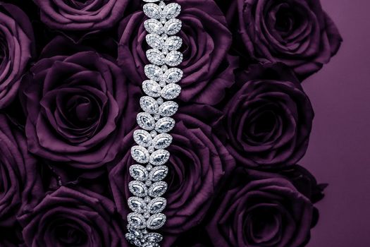 Luxe branding, glamour fashion and boutique shopping concept - Luxury diamond jewelry bracelet and purple roses flowers, love gift on Valentines Day and jewellery brand holiday background design