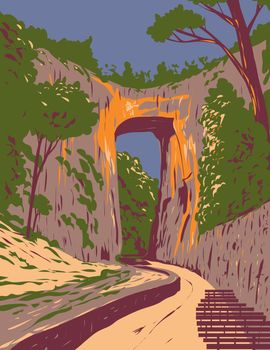 WPA poster art of Natural Bridge State Park with a natural arch in Rockbridge County, Virginia United States USA done in works project administration style or federal art project style