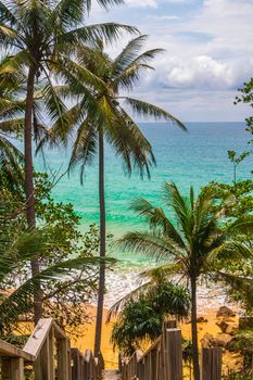 Wood stairs steps down to the Nai Thon Naithon Beach bay and landscape panorama a beautiful dream beach with turquoise clear water and waves in Sakhu Thalang on Phuket island Thailand.