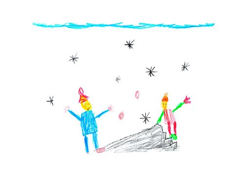 Illustration made by child of two persons on snow slide in winter time