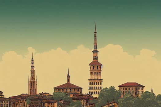 Top view of Turin centre with Mole Antonelliana, Italy.2d style, anime style V1 High quality 2d illustration