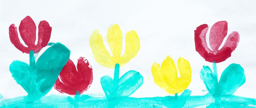 Illustration made by child of painted flowers on white background