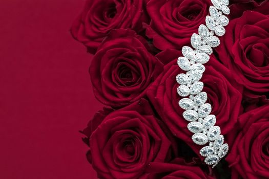 Luxe branding, glamour fashion and boutique shopping concept - Luxury diamond jewelry bracelet and red roses flowers, love gift on Valentines Day and jewellery brand holiday background design