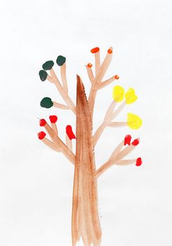 Illustration made by child of painted tree on white background
