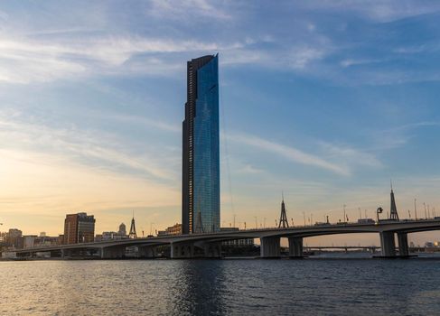 Dubai, UAE - 12.20.2021 Dubai D1 tower in Business bay crossing area.
