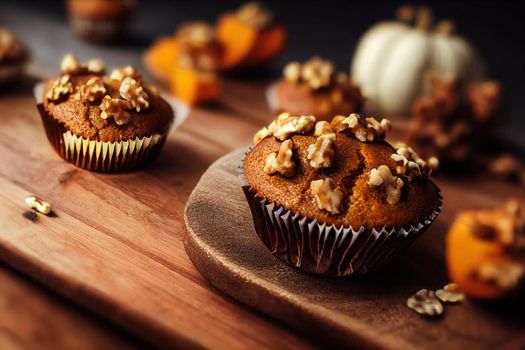 Pumpkin muffins or cupcakes with walnuts on a wooden board. Autumn spicy bakery. Healthy vegetarian dessert. Selective focus2d style, anime style V1 High quality 2d illustration