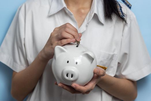 child asian finance economic investment wealth pig currency money business banking, cash success saving girl holding coin piggy bank.