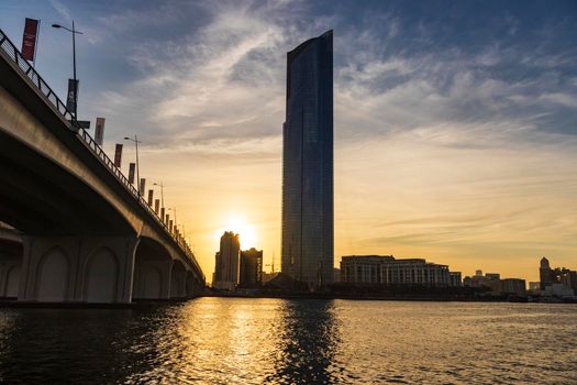 Dubai, UAE - 12.20.2021 Dubai D1 tower in Business bay crossing area.