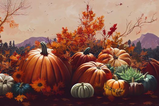 Thanksgiving day. Autumn background of colorful, decorative pumpkins, flowers and berries of mountain ash and succulents. A rich harvest. The concept of the Halloween holiday.2d style, anime style --a V1 High quality 2d illustration