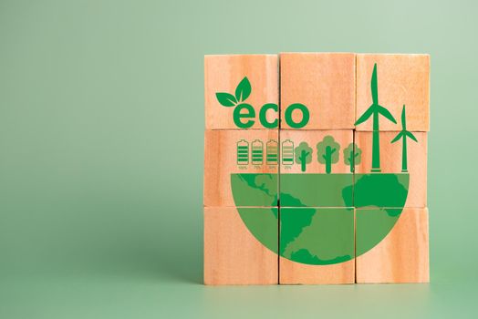 Wood cube block Environmental Social and Governance eco concept of sustainable development of the organization.Investing and management of pollution to reduce global warming.