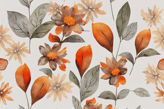 Watercolor floral seamless pattern with rust, burnt orange, grey and pastel flowers on white background. Beautiful botanical print. Fall themed design.2d style, anime style V1 High quality 2d illustration