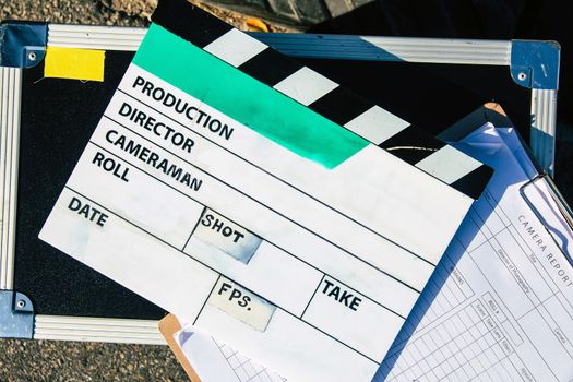 film slate and film crew production set