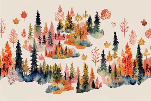 Watercolor forest. Cute seamless pattern. Wolf in the autumn forest. Creative watercolor texture for fabric, wrapping, textile, wallpaper, apparel. Hand drawn illustration.2d style, anime style --ar 1 V1 High quality 2d illustration